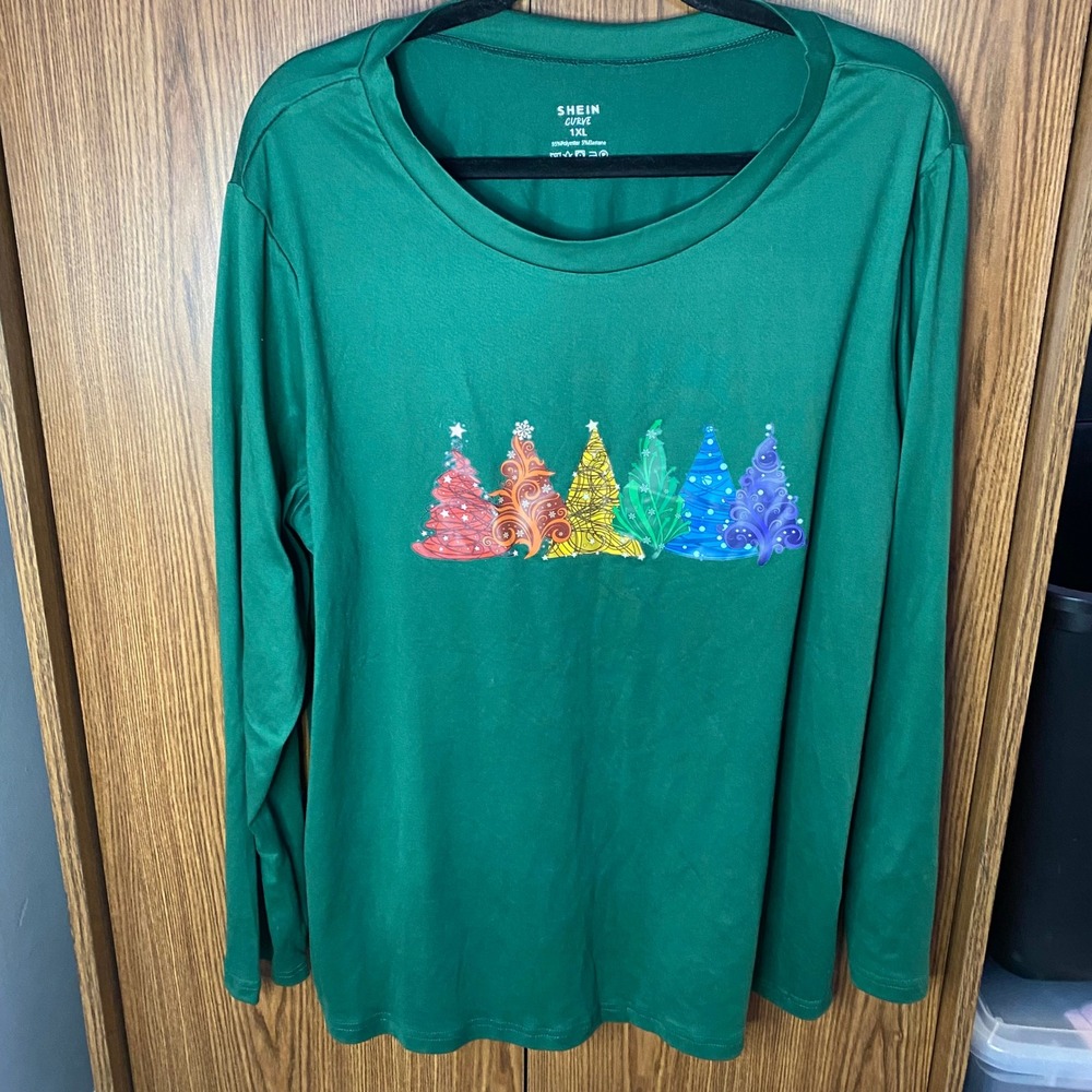 Shein Curve Christmas Tree Graphic Tee Women 1XL Green Rainbow Long Sleeve Top